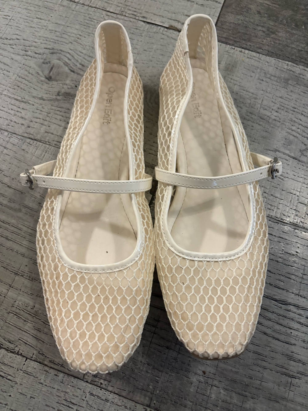 Beige Mesh Mary Jane Flats with Glossy Strap